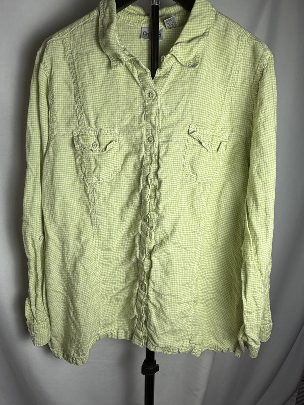 Chicos Linen Gingham Button Up Shirt Sz XL Chartreuse Green Coastal Casual